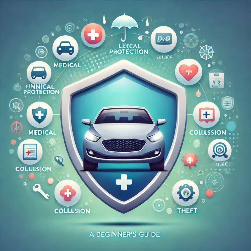 Dall·e 2024 12 12 18.00.49 A Visually Engaging Illustration For A Beginner's Guide To Auto Insurance. The Image Features A Modern Car Under A Protective Shield Symbolizing Finan