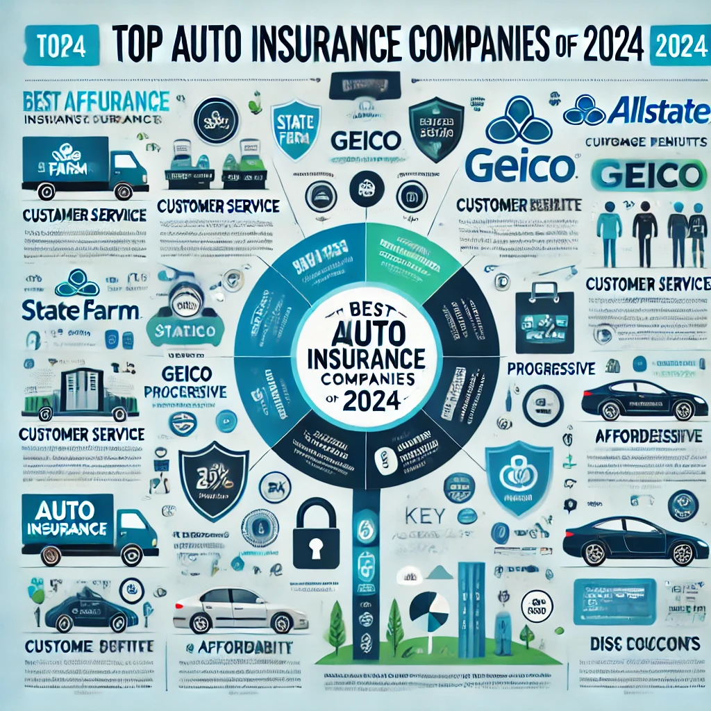 Dall·e 2024 12 12 21.01.40 A Visually Appealing Infographic That Highlights The Best Auto Insurance Companies Of 2024. The Design Should Include Logos Or Representative Symbols