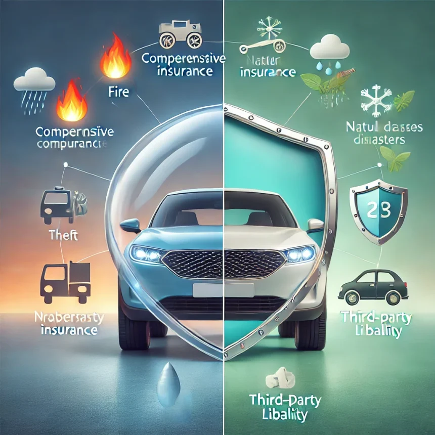 Dall·e 2024 12 13 12.37.26 A Visually Striking Image Comparing Comprehensive Car Insurance And Third Party Insurance. The Image Features Two Halves On The Left, A Shiny, New Ca