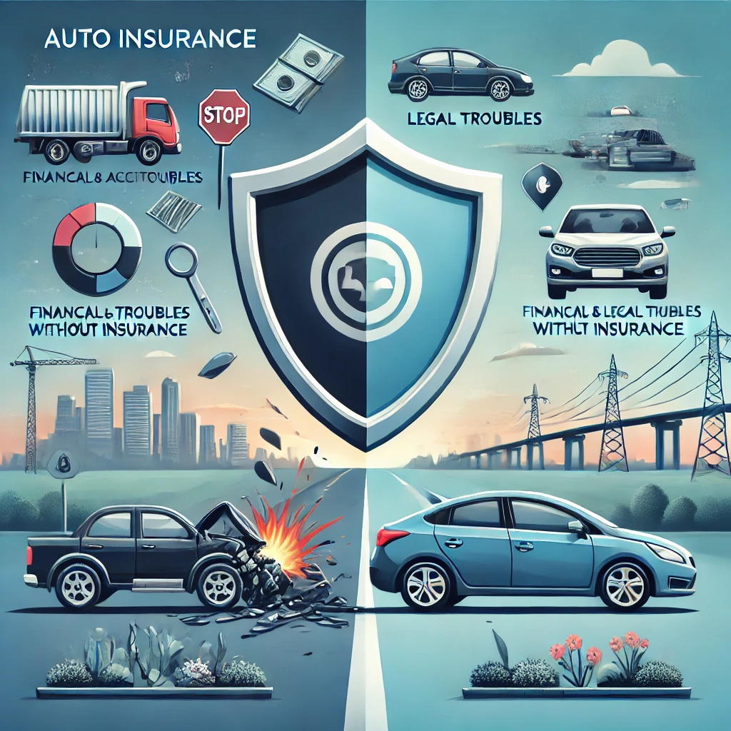 Dall·e 2024 12 13 13.10.11 An Illustration Showing The Importance Of Auto Insurance A Scene Divided Into Two Halves. On One Side, A Car Accident Scene With Damaged Vehicles, Hi